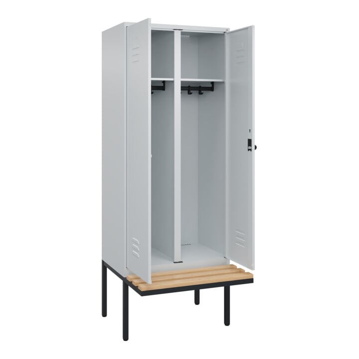 C+P Schwarz-Weiß-Spind Classic PLUS, Bank, 2 Abteile, 2120x800x815mm, 7035/7035, Verschluss Sicherheits-Drehriegel, Sitzbanktyp auskragend, Material Sitzfläche Buche-Hartholz