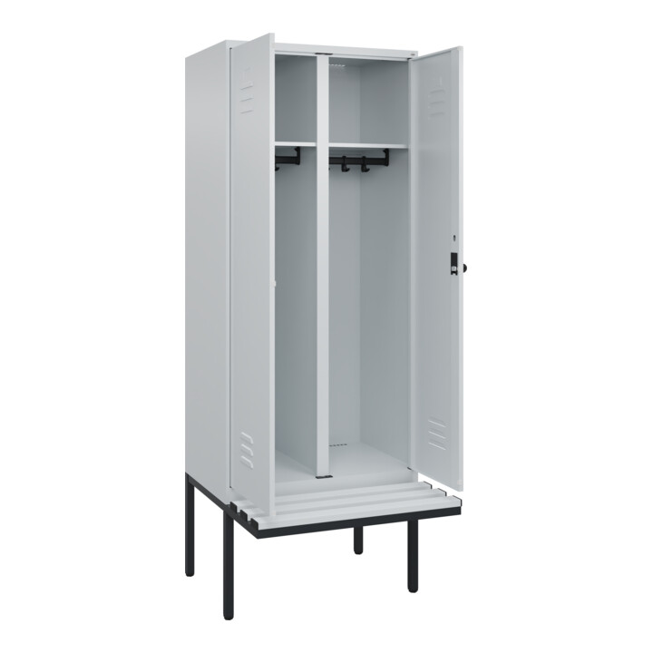 C+P Schwarz-Weiß-Spind Classic PLUS, Bank, 2 Abteile, 2120x800x815mm, 7035/7035, Verschluss Sicherheits-Drehriegel, Sitzbanktyp auskragend, Material Sitzfläche Kunststoff