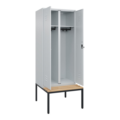 C+P Schwarz-Weiß-Spind Classic PLUS, Bank, 2 Abteile, 2120x800x815mm, 7035/7035, Verschluss Sicherheits-Drehriegel, Sitzbanktyp untergebaut, Material Sitzfläche Buche-Hartholz