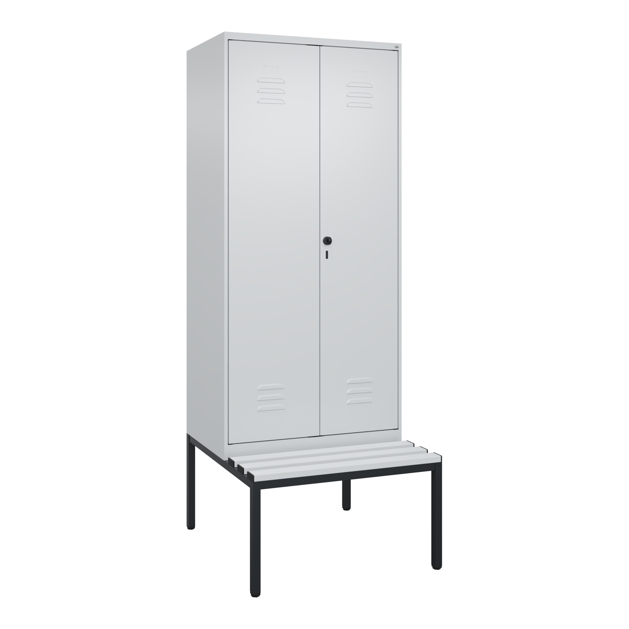 C+P Schwarz-Weiß-Spind Classic PLUS, Bank, 2 Abteile, 2120x800x815mm, 7035/7035, Verschluss Sicherheits-Drehriegel, Sitzbanktyp untergebaut, Material
