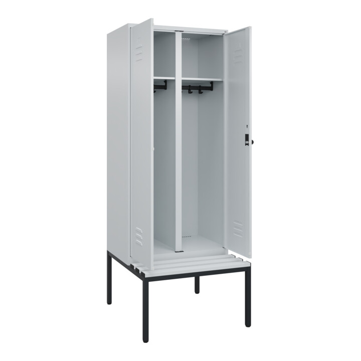 C+P Schwarz-Weiß-Spind Classic PLUS, Bank, 2 Abteile, 2120x800x815mm, 7035/7035, Verschluss Sicherheits-Drehriegel, Sitzbanktyp untergebaut, Material Sitzfläche Kunststoff