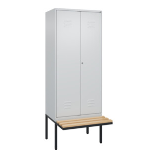 C+P Schwarz-Weiß-Spind Classic PLUS, Bank, 2 Abteile, 2120x800x815mm, 7035/7035, Verschluss Zylinderschloss, Sitzbanktyp auskragend, Material Sitzfläche Buche-Hartholz