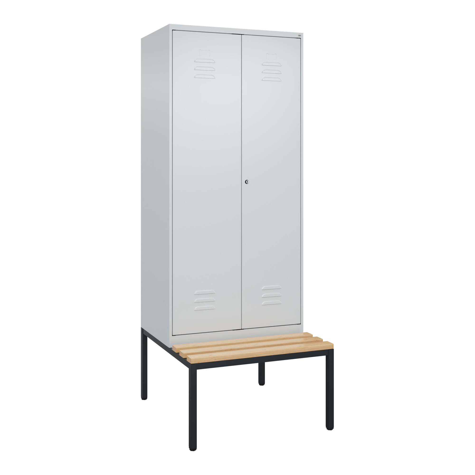 C+P Schwarz-Weiß-Spind Classic PLUS, Bank, 2 Abteile, 2120x800x815mm, 7035/7035, Verschluss Zylinderschloss, Sitzbanktyp untergebaut, Material Sitzflä