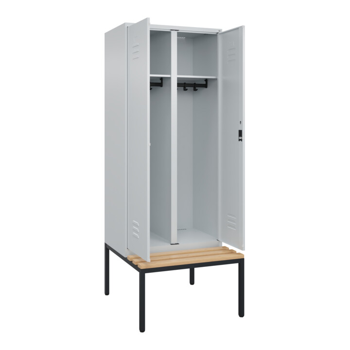 C+P Schwarz-Weiß-Spind Classic PLUS, Bank, 2 Abteile, 2120x800x815mm, 7035/7035, Verschluss Zylinderschloss, Sitzbanktyp untergebaut, Material Sitzfläche Buche-Hartholz