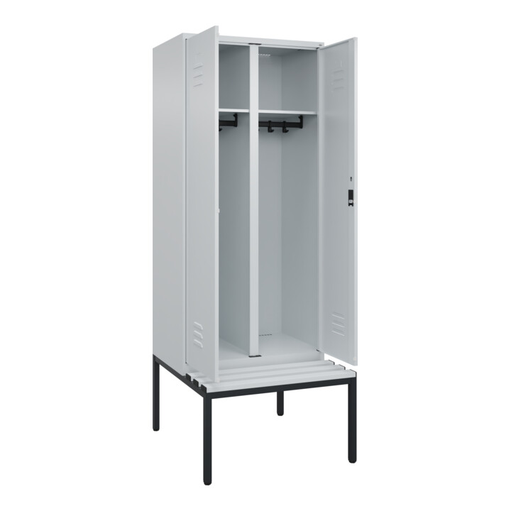 C+P Schwarz-Weiß-Spind Classic PLUS, Bank, 2 Abteile, 2120x800x815mm, 7035/7035, Verschluss Zylinderschloss, Sitzbanktyp untergebaut, Material Sitzfläche Kunststoff