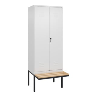 C+P Schwarz-Weiß-Spind Classic PLUS, Bank, 2 Abteile, 2120x800x815mm, 9016/9016, Verschluss Sicherheits-Drehriegel, Sitzbanktyp auskragend, Material Sitzfläche Buche-Hartholz