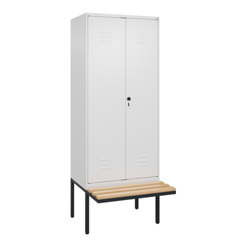 C+P Schwarz-Weiß-Spind Classic PLUS, Bank, 2 Abteile, 2120x800x815mm, 9016/9016, Verschluss Sicherheits-Drehriegel, Sitzbanktyp auskragend, Material Sitzfläche Buche-Hartholz