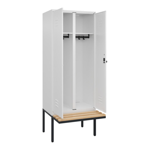 C+P Schwarz-Weiß-Spind Classic PLUS, Bank, 2 Abteile, 2120x800x815mm, 9016/9016, Verschluss Sicherheits-Drehriegel, Sitzbanktyp auskragend, Material Sitzfläche Buche-Hartholz