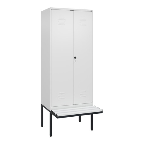 C+P Schwarz-Weiß-Spind Classic PLUS, Bank, 2 Abteile, 2120x800x815mm, 9016/9016, Verschluss Sicherheits-Drehriegel, Sitzbanktyp auskragend, Material Sitzfläche Kunststoff