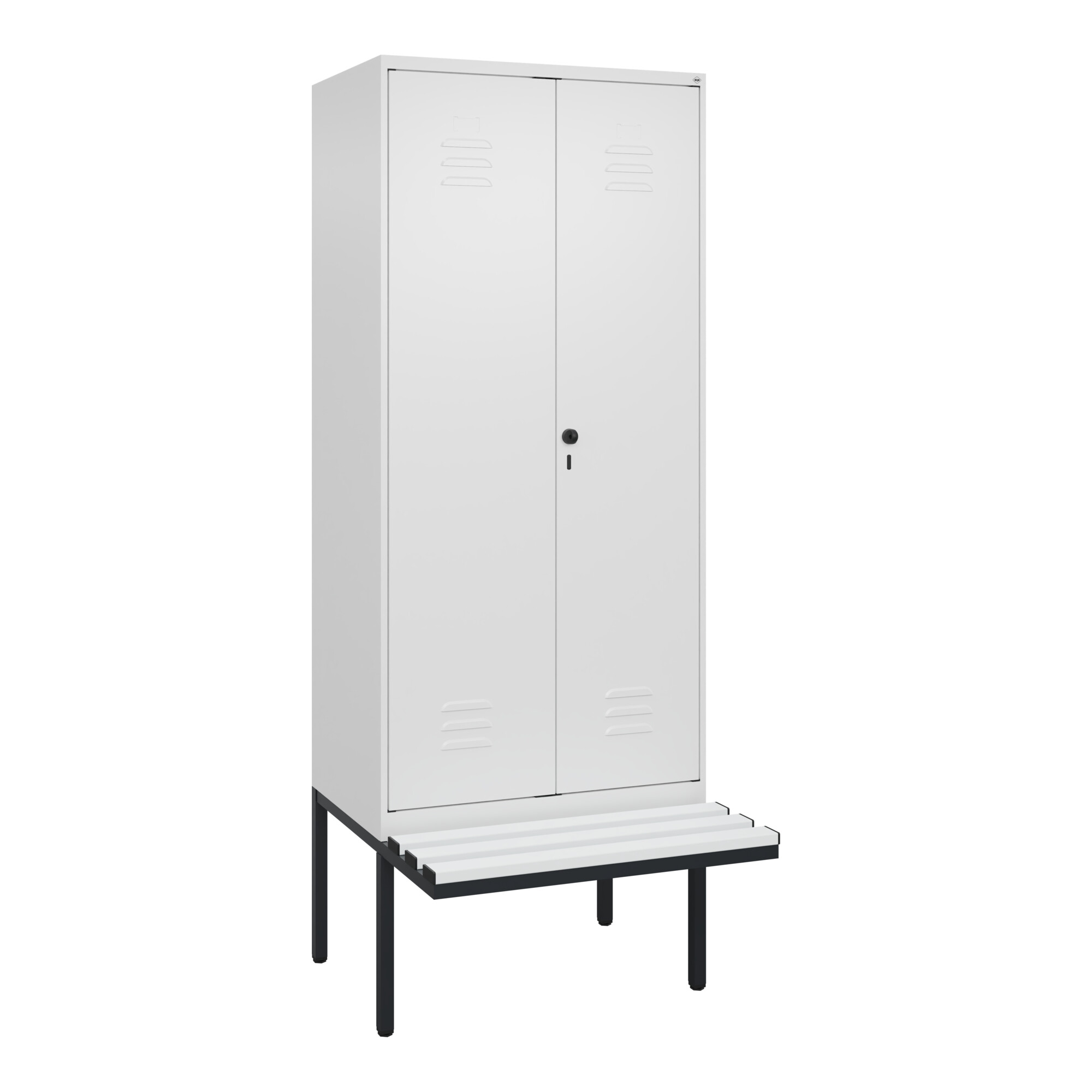 C+P Schwarz-Weiß-Spind Classic PLUS, Bank, 2 Abteile, 2120x800x815mm, 9016/9016, Verschluss Sicherheits-Drehriegel, Sitzbanktyp auskragend, Material S