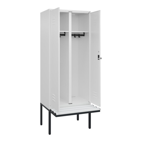 C+P Schwarz-Weiß-Spind Classic PLUS, Bank, 2 Abteile, 2120x800x815mm, 9016/9016, Verschluss Sicherheits-Drehriegel, Sitzbanktyp auskragend, Material Sitzfläche Kunststoff