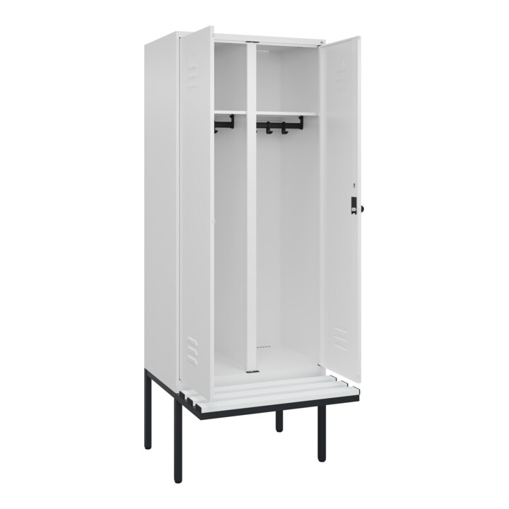 C+P Schwarz-Weiß-Spind Classic PLUS, Bank, 2 Abteile, 2120x800x815mm, 9016/9016, Verschluss Sicherheits-Drehriegel, Sitzbanktyp auskragend, Material Sitzfläche Kunststoff