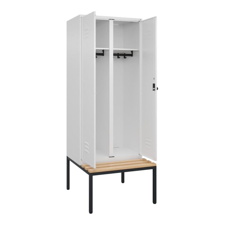 C+P Schwarz-Weiß-Spind Classic PLUS, Bank, 2 Abteile, 2120x800x815mm, 9016/9016, Verschluss Sicherheits-Drehriegel, Sitzbanktyp untergebaut, Material Sitzfläche Buche-Hartholz
