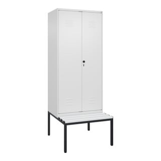 C+P Schwarz-Weiß-Spind Classic PLUS, Bank, 2 Abteile, 2120x800x815mm, 9016/9016, Verschluss Sicherheits-Drehriegel, Sitzbanktyp untergebaut, Material Sitzfläche Kunststoff