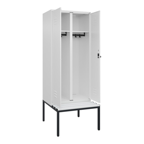 C+P Schwarz-Weiß-Spind Classic PLUS, Bank, 2 Abteile, 2120x800x815mm, 9016/9016, Verschluss Sicherheits-Drehriegel, Sitzbanktyp untergebaut, Material Sitzfläche Kunststoff