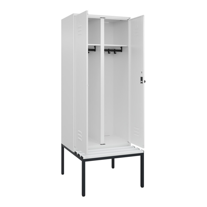 C+P Schwarz-Weiß-Spind Classic PLUS, Bank, 2 Abteile, 2120x800x815mm, 9016/9016, Verschluss Sicherheits-Drehriegel, Sitzbanktyp untergebaut, Material Sitzfläche Kunststoff