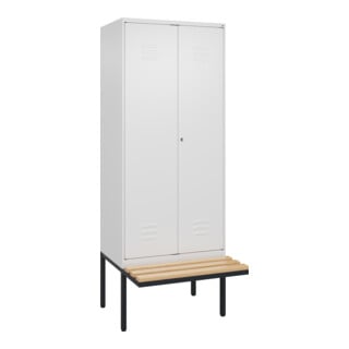 C+P Schwarz-Weiß-Spind Classic PLUS, Bank, 2 Abteile, 2120x800x815mm, 9016/9016, Verschluss Zylinderschloss, Sitzbanktyp auskragend, Material Sitzfläche Buche-Hartholz