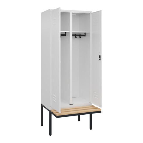 C+P Schwarz-Weiß-Spind Classic PLUS, Bank, 2 Abteile, 2120x800x815mm, 9016/9016, Verschluss Zylinderschloss, Sitzbanktyp auskragend, Material Sitzfläche Buche-Hartholz