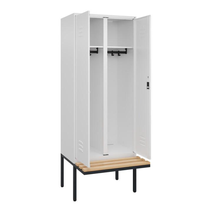 C+P Schwarz-Weiß-Spind Classic PLUS, Bank, 2 Abteile, 2120x800x815mm, 9016/9016, Verschluss Zylinderschloss, Sitzbanktyp auskragend, Material Sitzfläche Buche-Hartholz