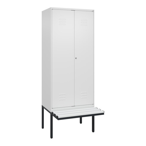 C+P Schwarz-Weiß-Spind Classic PLUS, Bank, 2 Abteile, 2120x800x815mm, 9016/9016, Verschluss Zylinderschloss, Sitzbanktyp auskragend, Material Sitzfläche Kunststoff