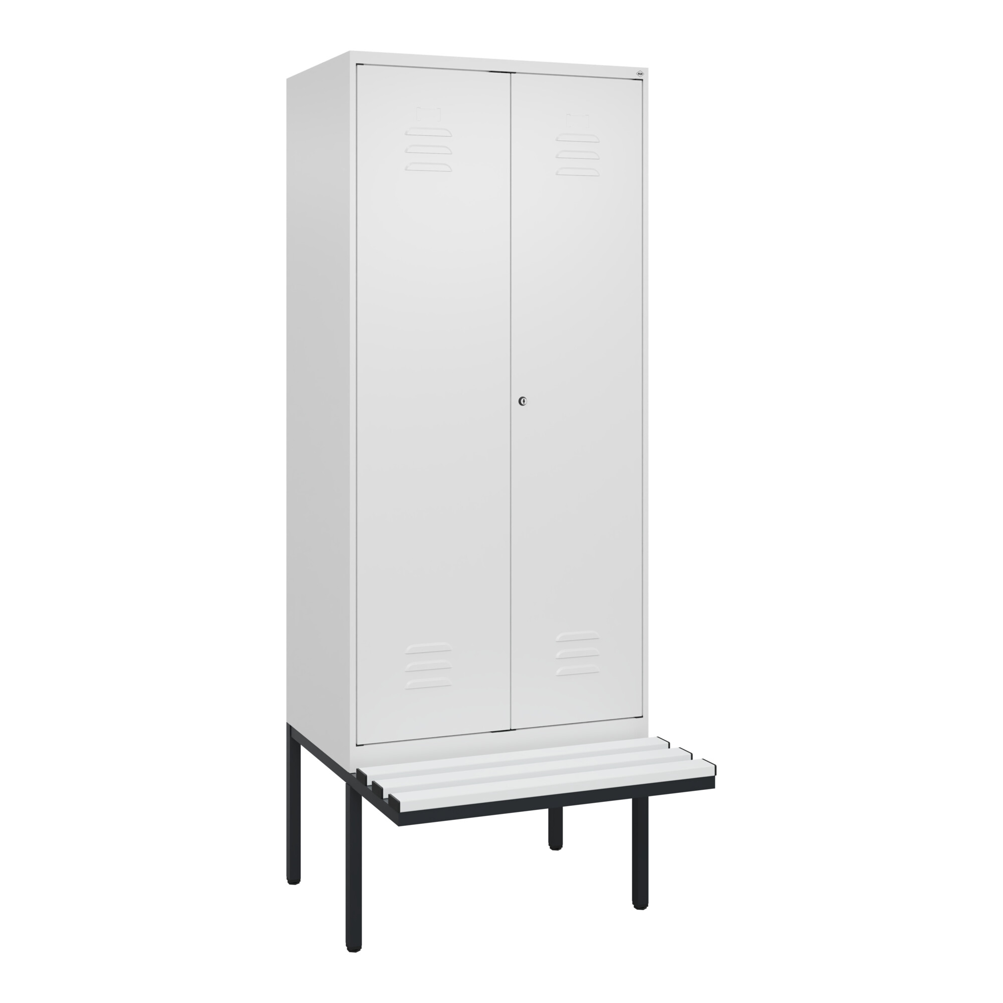 C+P Schwarz-Weiß-Spind Classic PLUS, Bank, 2 Abteile, 2120x800x815mm, 9016/9016, Verschluss Zylinderschloss, Sitzbanktyp auskragend, Material Sitzfläc