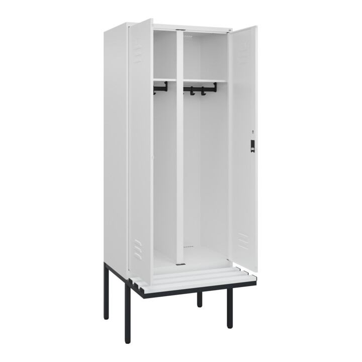C+P Schwarz-Weiß-Spind Classic PLUS, Bank, 2 Abteile, 2120x800x815mm, 9016/9016, Verschluss Zylinderschloss, Sitzbanktyp auskragend, Material Sitzfläche Kunststoff