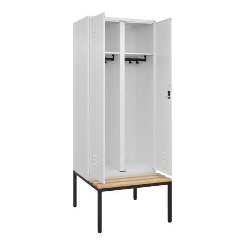 C+P Schwarz-Weiß-Spind Classic PLUS, Bank, 2 Abteile, 2120x800x815mm, 9016/9016, Verschluss Zylinderschloss, Sitzbanktyp untergebaut, Material Sitzfläche Buche-Hartholz