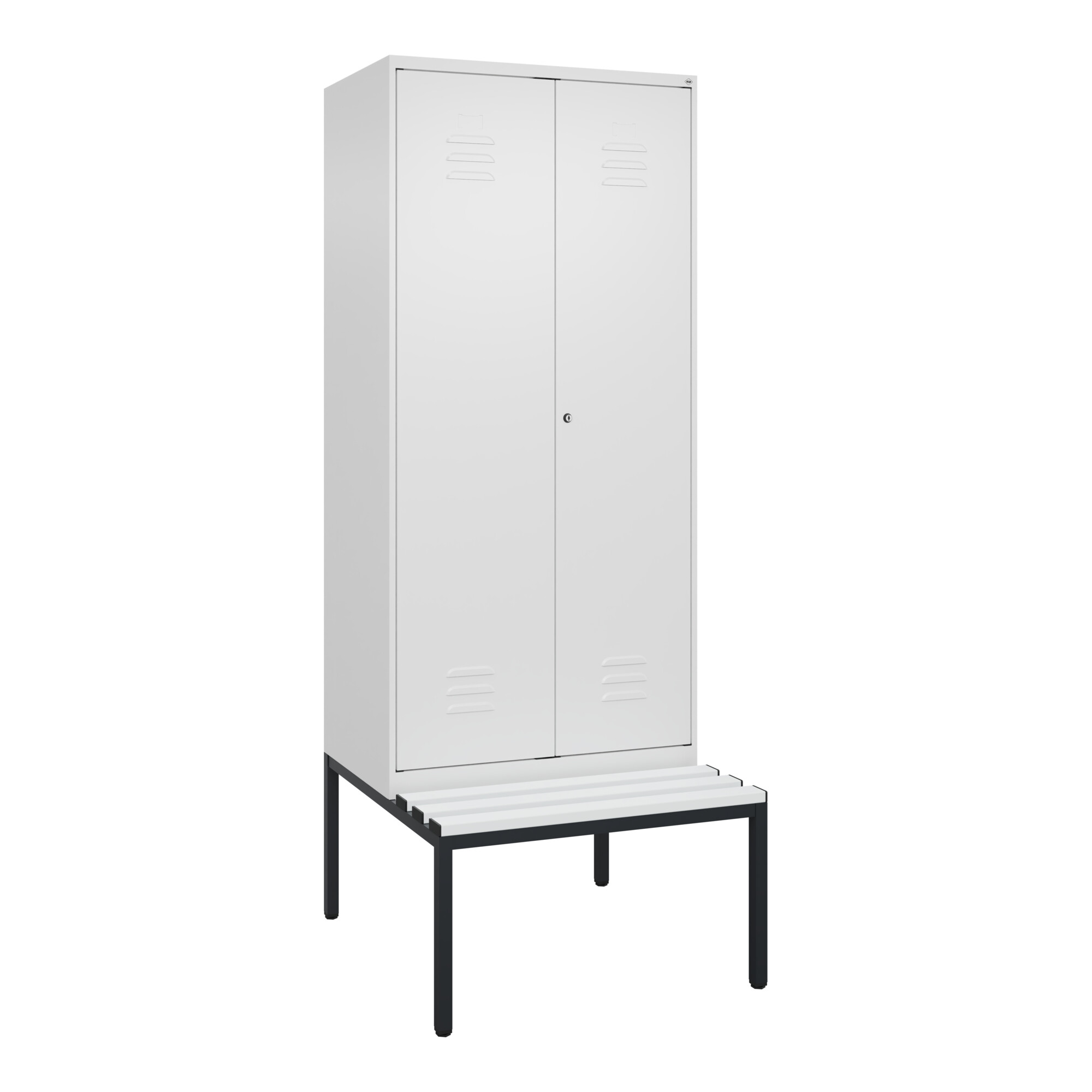 C+P Schwarz-Weiß-Spind Classic PLUS, Bank, 2 Abteile, 2120x800x815mm, 9016/9016, Verschluss Zylinderschloss, Sitzbanktyp untergebaut, Material Sitzflä