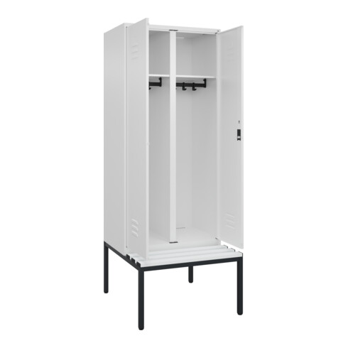 C+P Schwarz-Weiß-Spind Classic PLUS, Bank, 2 Abteile, 2120x800x815mm, 9016/9016, Verschluss Zylinderschloss, Sitzbanktyp untergebaut, Material Sitzfläche Kunststoff