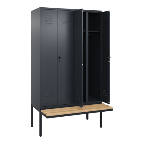 C+P Schwarz-Weiß-Spind Classic PLUS, Bank, 4 Abteile, 2120x1200x815mm, 7016/7016, Verschluss Sicherheits-Drehriegel, Sitzbanktyp auskragend, Material Sitzfläche Buche-Hartholz