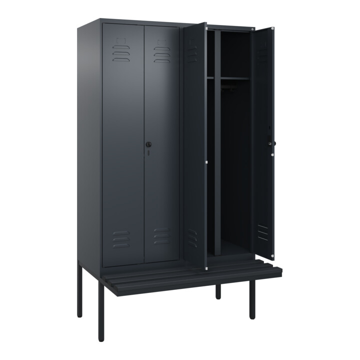 C+P Schwarz-Weiß-Spind Classic PLUS, Bank, 4 Abteile, 2120x1200x815mm, 7016/7016, Verschluss Sicherheits-Drehriegel, Sitzbanktyp auskragend, Material Sitzfläche Kunststoff
