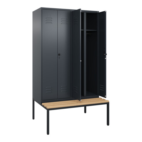 C+P Schwarz-Weiß-Spind Classic PLUS, Bank, 4 Abteile, 2120x1200x815mm, 7016/7016, Verschluss Sicherheits-Drehriegel, Sitzbanktyp untergebaut, Material Sitzfläche Buche-Hartholz