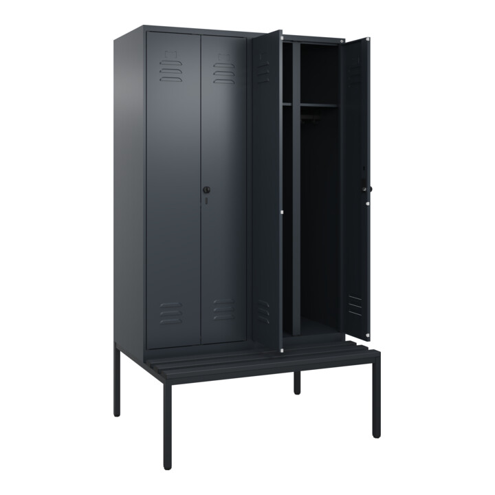 C+P Schwarz-Weiß-Spind Classic PLUS, Bank, 4 Abteile, 2120x1200x815mm, 7016/7016, Verschluss Sicherheits-Drehriegel, Sitzbanktyp untergebaut, Material Sitzfläche Kunststoff