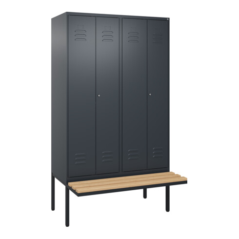 C+P Schwarz-Weiß-Spind Classic PLUS, Bank, 4 Abteile, 2120x1200x815mm, 7016/7016, Verschluss Zylinderschloss, Sitzbanktyp auskragend, Material Sitzfläche Buche-Hartholz