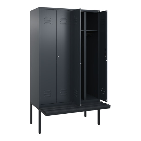 C+P Schwarz-Weiß-Spind Classic PLUS, Bank, 4 Abteile, 2120x1200x815mm, 7016/7016, Verschluss Zylinderschloss, Sitzbanktyp auskragend, Material Sitzfläche Kunststoff