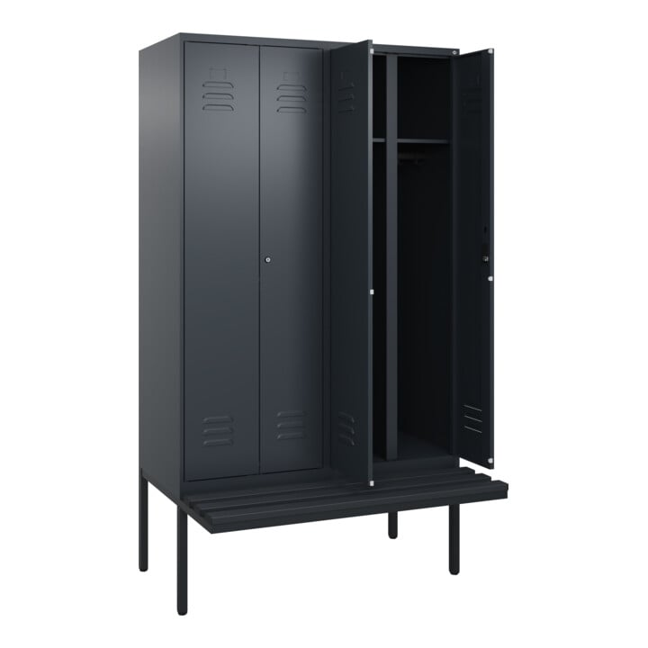 C+P Schwarz-Weiß-Spind Classic PLUS, Bank, 4 Abteile, 2120x1200x815mm, 7016/7016, Verschluss Zylinderschloss, Sitzbanktyp auskragend, Material Sitzfläche Kunststoff