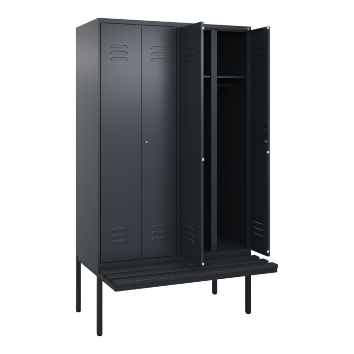 C+P Schwarz-Weiß-Spind Classic PLUS, Bank, 4 Abteile, 2120x1200x815mm, 7016/7016, Verschluss Zylinderschloss, Sitzbanktyp auskragend, Material Sitzfläche Kunststoff