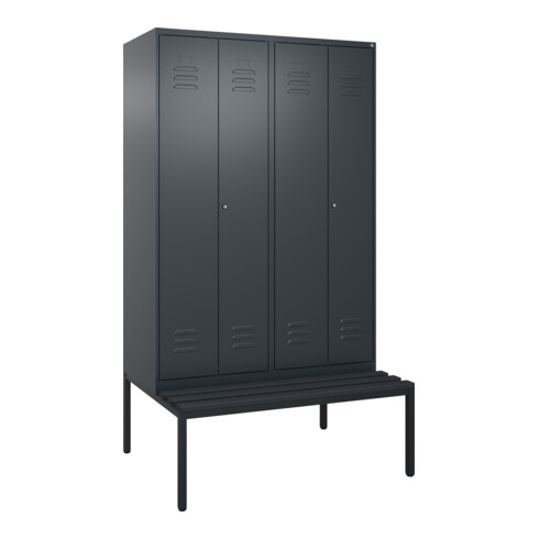 C+P Schwarz-Weiß-Spind Classic PLUS, Bank, 4 Abteile, 2120x1200x815mm, 7016/7016, Verschluss Zylinderschloss, Sitzbanktyp untergebaut, Material Sitzfläche Kunststoff