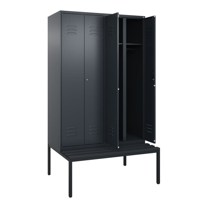 C+P Schwarz-Weiß-Spind Classic PLUS, Bank, 4 Abteile, 2120x1200x815mm, 7016/7016, Verschluss Zylinderschloss, Sitzbanktyp untergebaut, Material Sitzfläche Kunststoff