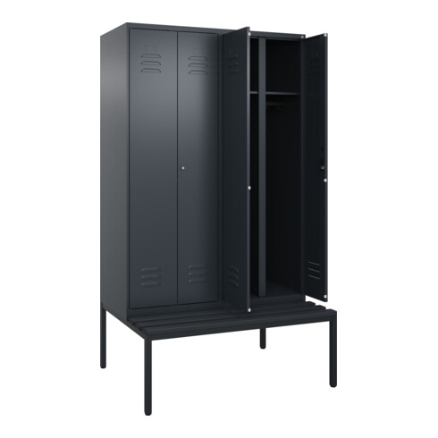 C+P Schwarz-Weiß-Spind Classic PLUS, Bank, 4 Abteile, 2120x1200x815mm, 7016/7016, Verschluss Zylinderschloss, Sitzbanktyp untergebaut, Material Sitzfläche Kunststoff