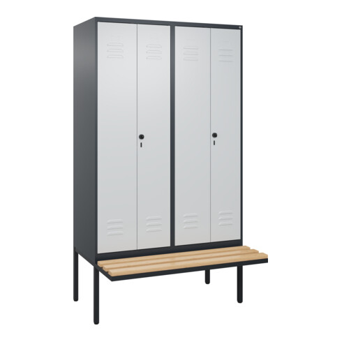 C+P Schwarz-Weiß-Spind Classic PLUS, Bank, 4 Abteile, 2120x1200x815mm, 7016/7035, Verschluss Sicherheits-Drehriegel, Sitzbanktyp auskragend, Material Sitzfläche Buche-Hartholz