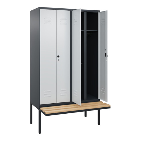 C+P Schwarz-Weiß-Spind Classic PLUS, Bank, 4 Abteile, 2120x1200x815mm, 7016/7035, Verschluss Sicherheits-Drehriegel, Sitzbanktyp auskragend, Material Sitzfläche Buche-Hartholz