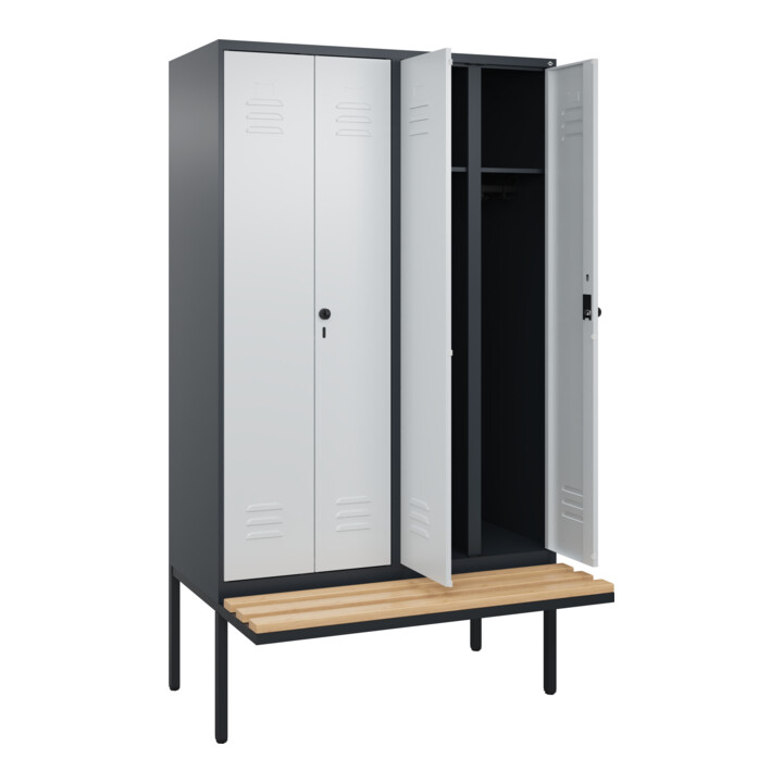C+P Schwarz-Weiß-Spind Classic PLUS, Bank, 4 Abteile, 2120x1200x815mm, 7016/7035, Verschluss Sicherheits-Drehriegel, Sitzbanktyp auskragend, Material Sitzfläche Buche-Hartholz