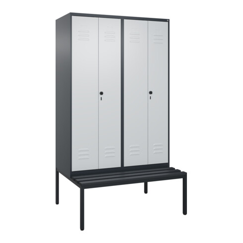 C+P Schwarz-Weiß-Spind Classic PLUS, Bank, 4 Abteile, 2120x1200x815mm, 7016/7035, Verschluss Sicherheits-Drehriegel, Sitzbanktyp untergebaut, Material Sitzfläche Kunststoff
