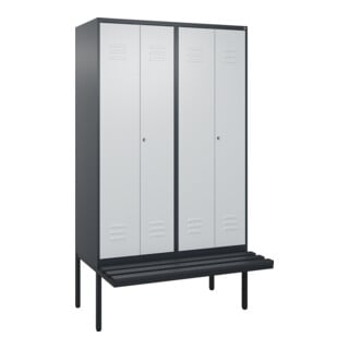 C+P Schwarz-Weiß-Spind Classic PLUS, Bank, 4 Abteile, 2120x1200x815mm, 7016/7035, Verschluss Zylinderschloss, Sitzbanktyp auskragend, Material Sitzfläche Kunststoff