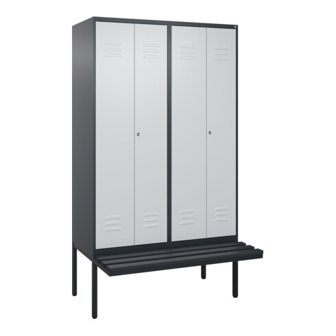 C+P Schwarz-Weiß-Spind Classic PLUS, Bank, 4 Abteile, 2120x1200x815mm, 7016/7035, Verschluss Zylinderschloss, Sitzbanktyp auskragend, Material Sitzfläche Kunststoff