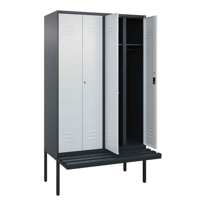 C+P Schwarz-Weiß-Spind Classic PLUS, Bank, 4 Abteile, 2120x1200x815mm, 7016/7035, Verschluss Zylinderschloss, Sitzbanktyp auskragend, Material Sitzfläche Kunststoff