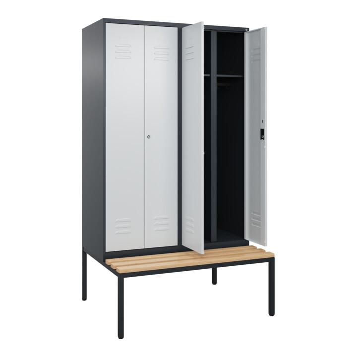 C+P Schwarz-Weiß-Spind Classic PLUS, Bank, 4 Abteile, 2120x1200x815mm, 7016/7035, Verschluss Zylinderschloss, Sitzbanktyp untergebaut, Material Sitzfläche Buche-Hartholz
