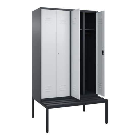C+P Schwarz-Weiß-Spind Classic PLUS, Bank, 4 Abteile, 2120x1200x815mm, 7016/7035, Verschluss Zylinderschloss, Sitzbanktyp untergebaut, Material Sitzfläche Kunststoff