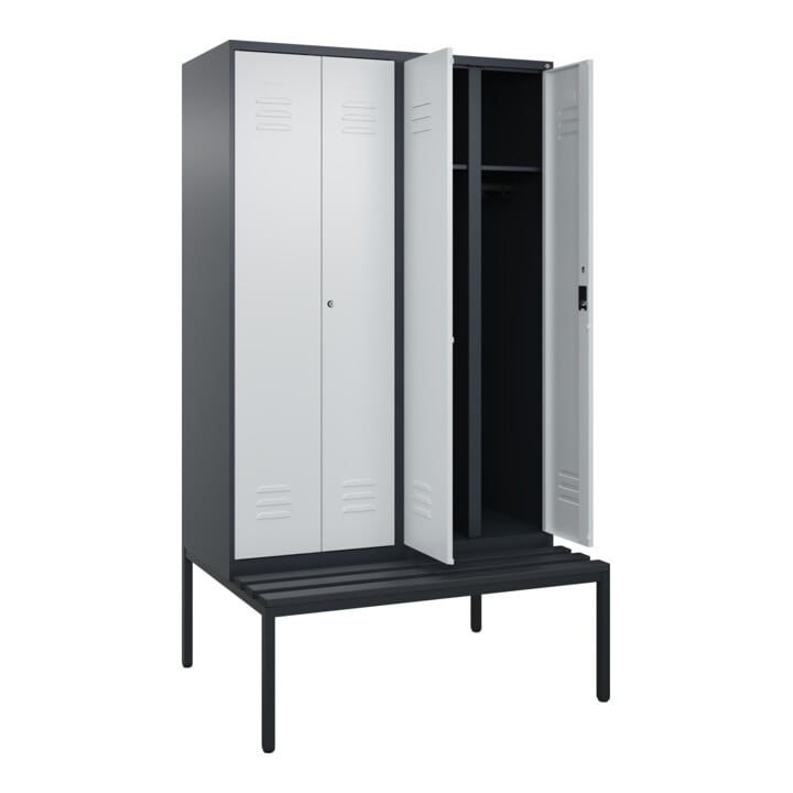 C+P Schwarz-Weiß-Spind Classic PLUS, Bank, 4 Abteile, 2120x1200x815mm, 7016/7035, Verschluss Zylinderschloss, Sitzbanktyp untergebaut, Material Sitzfläche Kunststoff